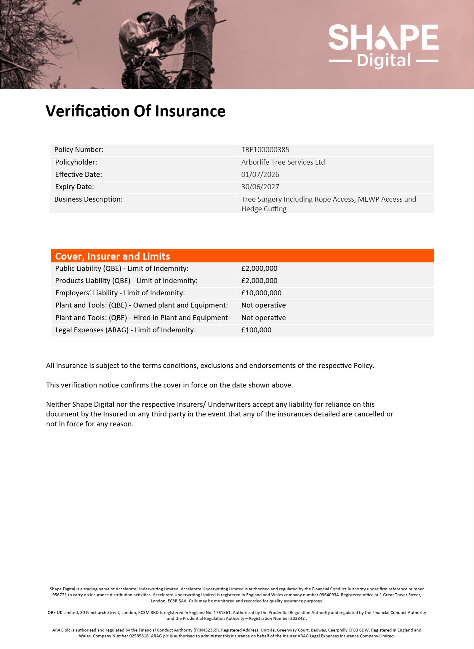 Certificate of insurance